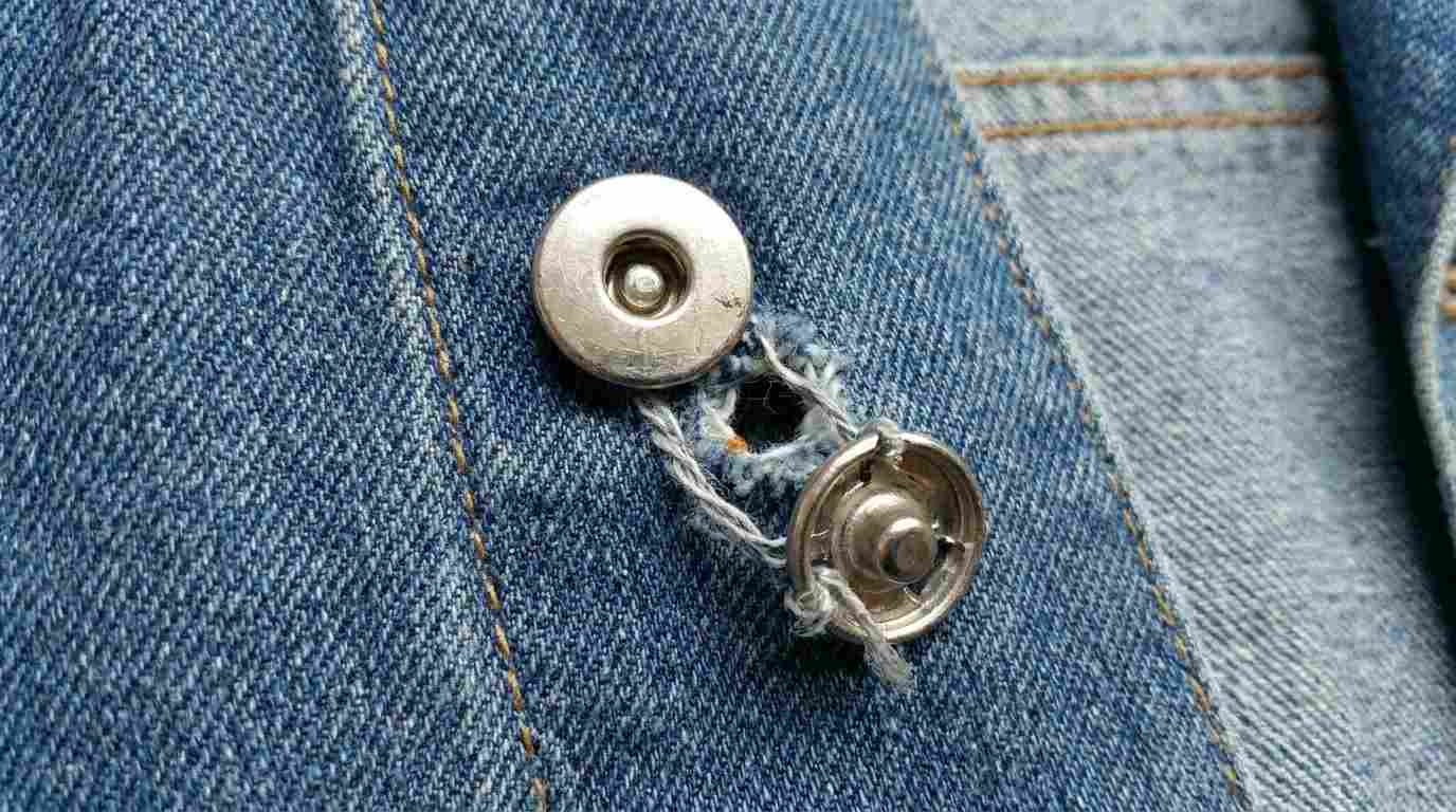 sewing snaps for clothes, Sewing snaps for clothes are shown installed on blue denim, with the two metal snap components opened to reveal the fastening structure.